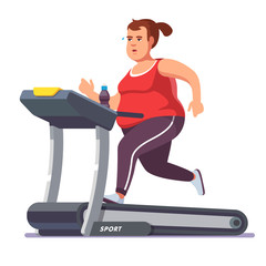 Obese young woman running on treadmill