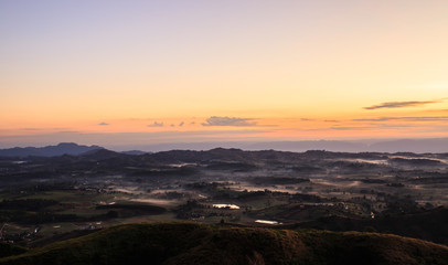 Mountain fog light morning sunrise.