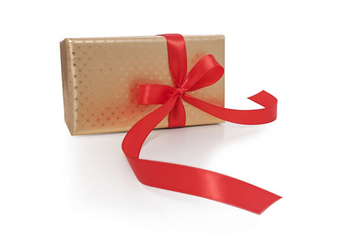 Gold Box With Red Ribbon.