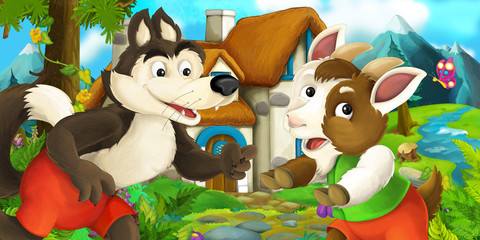 Obraz na płótnie Canvas Cartoon scene with goat and wolf near village house - illustration for children