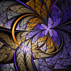 Purple and gold fractal butterfly or flower, digital artwork for creative graphic design