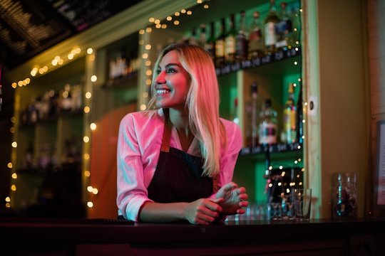 Beautiful waitress leaning at bar counter