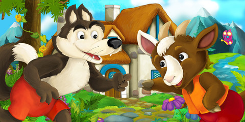 Cartoon scene with goat and wolf near village house - illustration for children