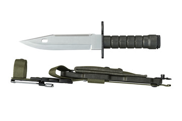 Knife army metal weapon with handle and sheath, side view. 3D rendering