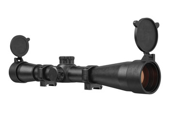 Scope optical sniper rifle black equipment, lens. 3D rendering
