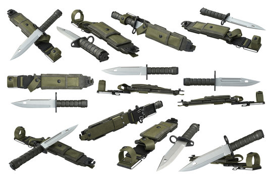Knife army military with sharp blade and green sheath set. 3D rendering