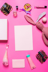 Girl's accessories on a pink background
