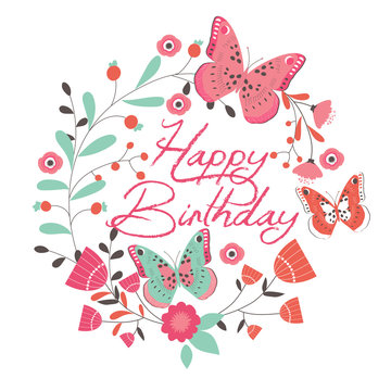 Birthday card with beautiful butterfly and flowers