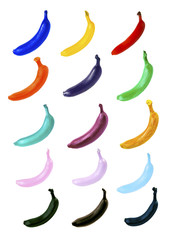 Repetitive sequence of colored bananas on white background