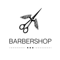 Logo for barbershop, hair salon with flying barber scissors. Vector Illustration