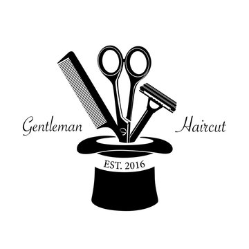 Logo for barbershop, hair salon with barber scissors, razor and comb. Vector Illustration