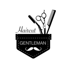 Logo for barbershop, hair salon with barber scissors, razor and comb. Vector Illustration