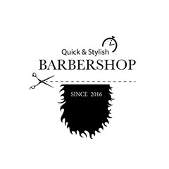 Logo for barbershop, hair salon with beard, barber scissors and watch. Vector Illustration