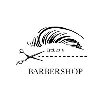 Logo for barbershop, hair salon with barber scissors and haircut. Vector Illustration