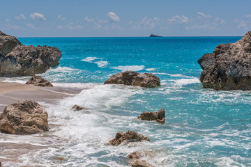 Landscape with the rocks at Megali Petra Beach, Lefkada, Ionian Islands, Greece