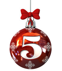 Red Christmas Ball Font Concept. Number 5. 3d Rendering Isolated on White Background