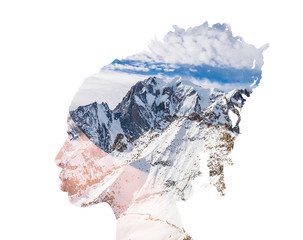 Double exposure of girl with braids profile portrait and mountainscape