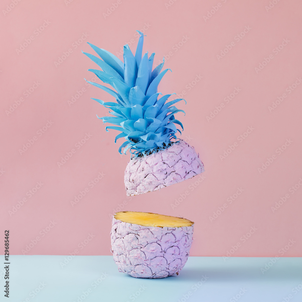 Poster pink pineapple on yellow background. minimal style. food concept