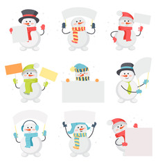 Set of Snowman Cartoons with Blank Message Board