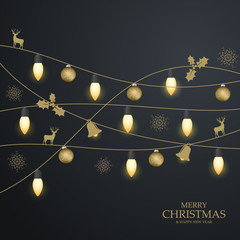 Bright Christmas garlands. Golden elements greeting card