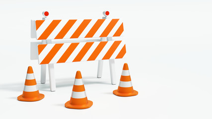 Road barrier with road cones on white background 3d illustration