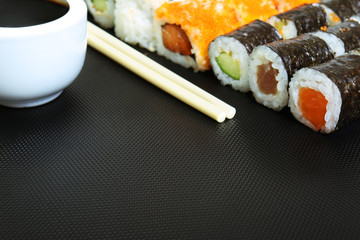 Chopsticks, sushi and soy sauce - Copyspace
