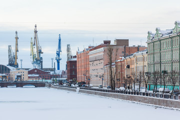Winter panorama of the Fontanka River in the direction of the Admiralty Shipyards
