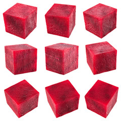 Beetroot. Cubes isolated on white background. Collection.