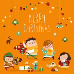Card with cute kids, sweets and christmas presents