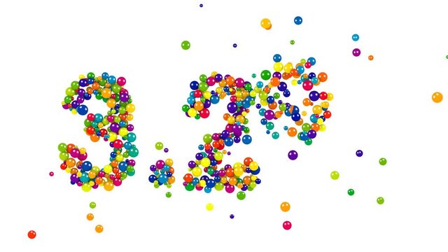 3.2 percent festive rainbow colored numbers formed of multiple vivid balls in a random dynamic pattern for use as a design template for business isolated on white