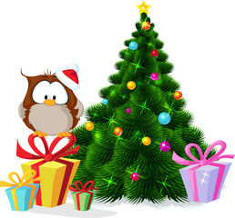 cute owl sitting by xmas tree - vector illustration