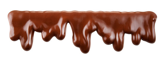 Melted chocolate syrup is dripping. Streams with drops isolated
