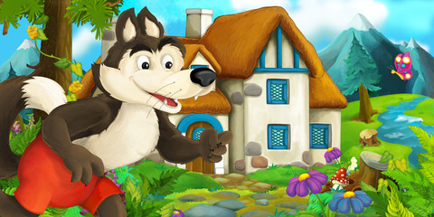 Cartoon scene with wolf near village house - illustration for children