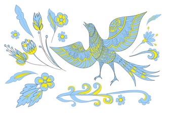 Set of ornamental bird and fantasy flowers. Vector illustration hand drawn. Floral set.