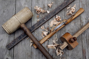 Antique vintage ruler, spokeshave, mortise gauge, block plane an