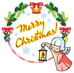 Christmas label with angels and artistic written text: 