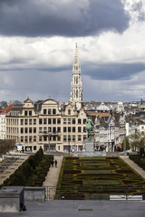 Fototapeta na wymiar Brussels, Belgium - April, 17 2016: View from Monts des Arts with view on the tower of cityhall. Brussels is the capital of Belgium and the de facto capital of the European Union.