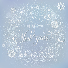 Happy New Year snowlakes background grey snow