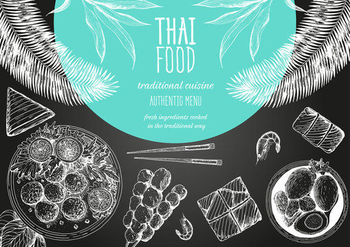 Asian food background. Asian food poster. Thai food menu restaurant. Thai food sketch menu. Vector illustration