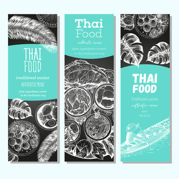Asian food banner set. Asian food vertical banner collection. Thai food menu restaurant. Thai food sketch menu. Linear graphic