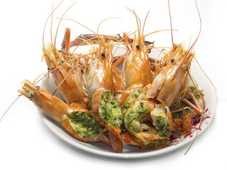 Roasted prawn with cheese butter and vegetables.