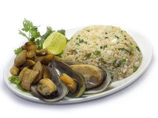 Fried rice with mushroom and New Zealand mussel.