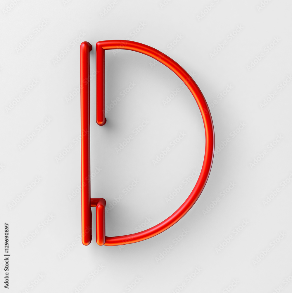 Poster 3d realistic red wire font with soft shadows. letter d. 3d rendering isolated on bright background.