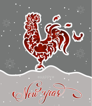 New year red rooster with lettering and snowflakes. Vector illustration EPS 10
