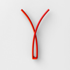 3d realistic RED Wire Font with soft shadows. Letter Y. 3d rendering isolated on bright background.