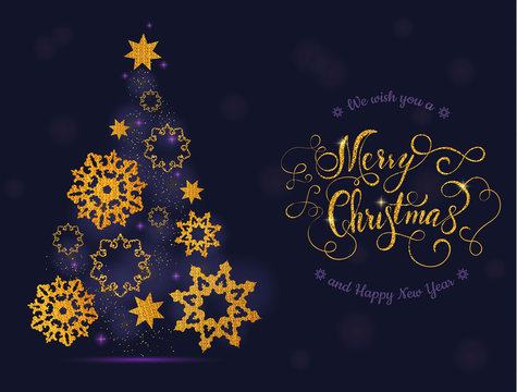 Christmas card tree and balls with lettering. Vector illustration EPS 10.