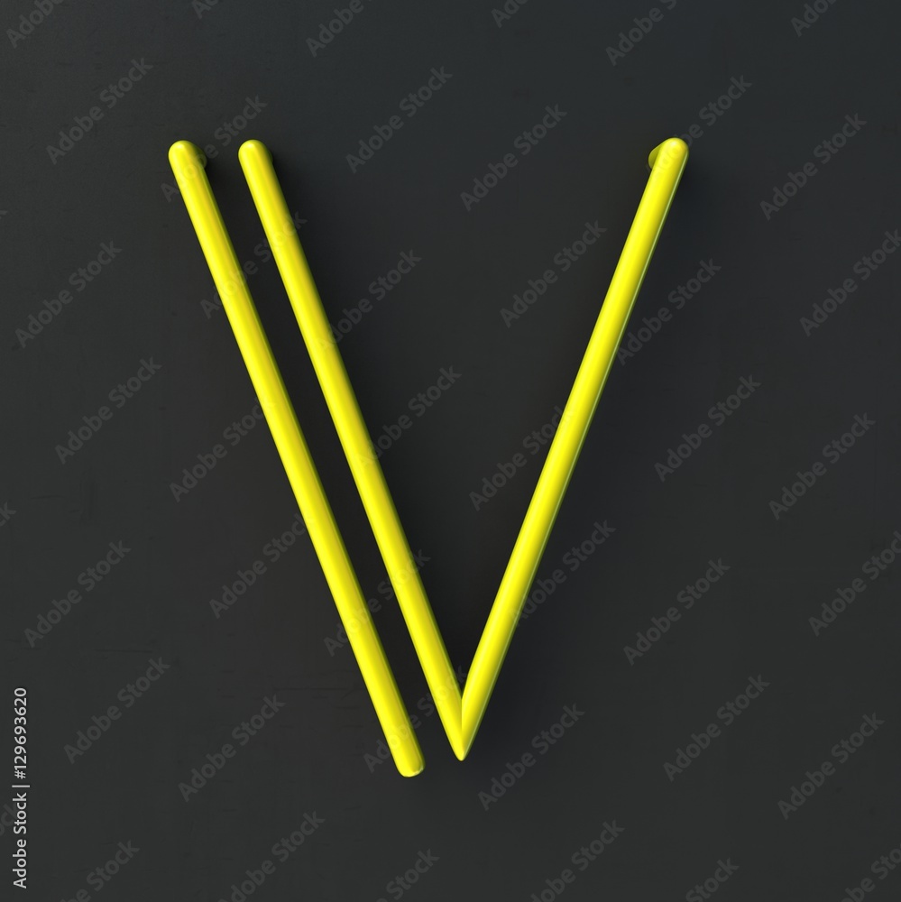 Poster 3d glowing wire neon font with soft shadows on dark background. letter v. 3d rendering isolated.