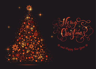 Obraz na płótnie Canvas Shiny red new year tree with lettering Merry Christmas