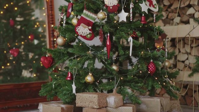 Close up shot of christmas presents and gifts under new year tree HD