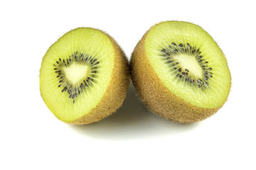 Close up macro kiwi fruit slices cut isolated on white background